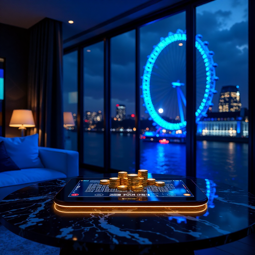 Ultra-luxury Mayfair penthouse interior at night with a panoramic view of the London Eye illuminated with royal blue neon lights, sleek futuristic furniture, a glowing True Fortune tablet on a dark marble table, floating 3D golden poker chips and royal bl